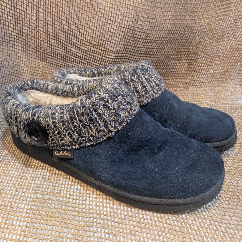 Cabela's Womens Clog Slippers, Navy Blue Suede, Sherpa Lining, Size 7
